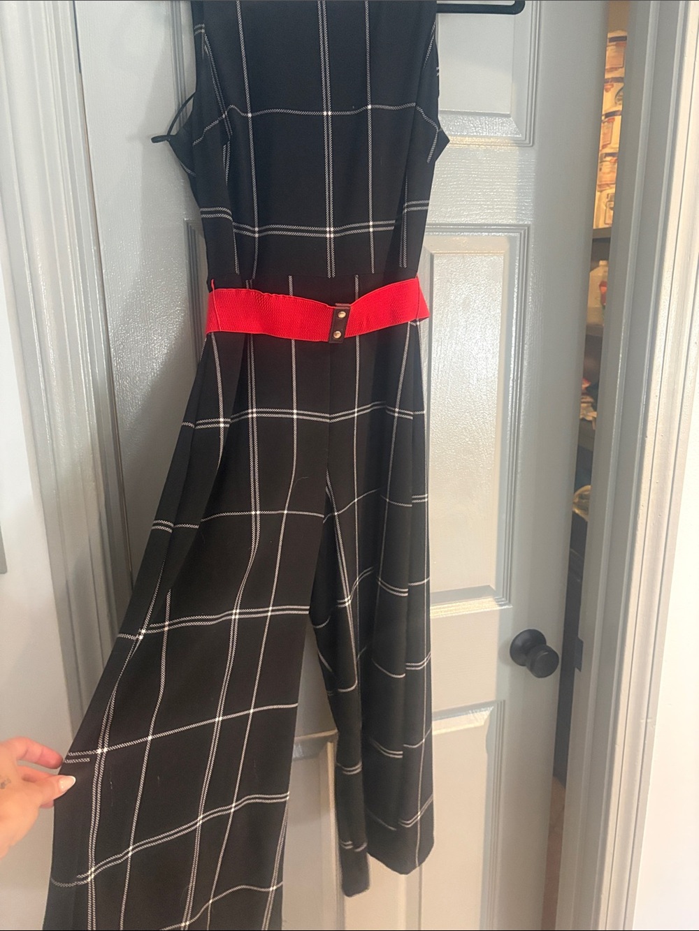 Danny & Nicole Black Windowpane Jumpsuit with Red Belt Accent